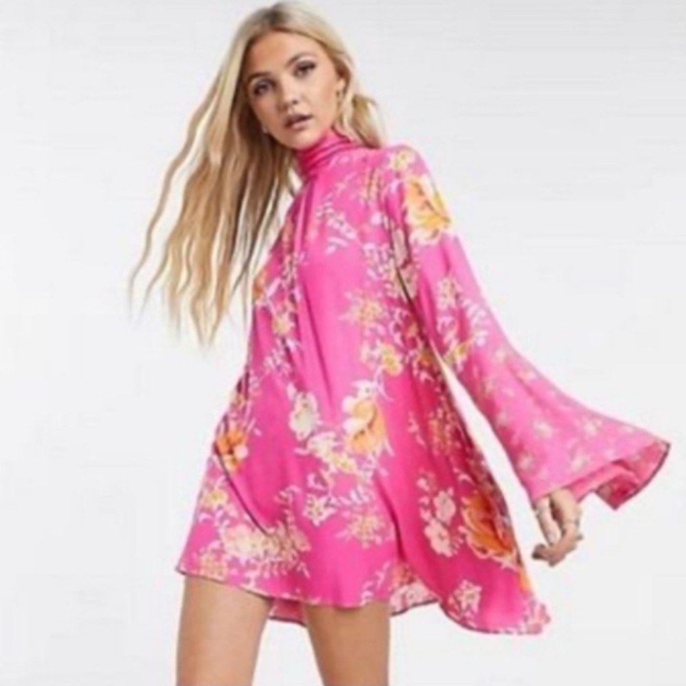 Free People Boho Pink Floral Open Back Bell Sleeve Tunic Mini Dress - Picture 3 of 10